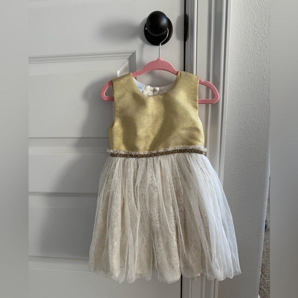 Nanette Baby Gold and Cream Shimmer Tulle and Lace Dress